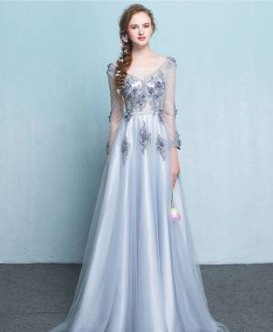Gray Tulle V-neck Long-sleeves Long Prom Evening Dress