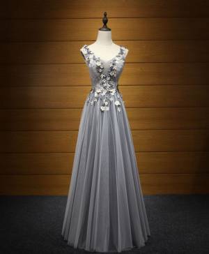 Gray Tulle V-neck Elegant Long Prom Evening Dress