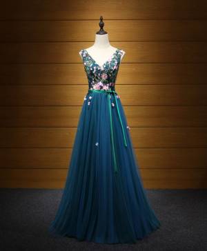 Blue Tulle V-neck Elegant Long Prom Evening Dress
