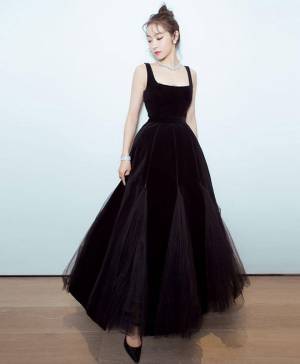 Black Tulle With Velvet Tea-length Prom Evening Dress