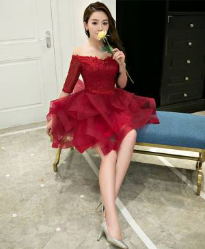 Burgundy Lace Tulle Short/Mini Prom Homecoming Dress