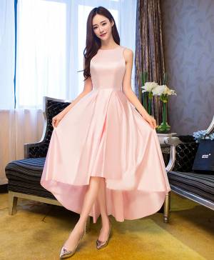 Pink Satin Tea-length Simple Prom Evening Dress