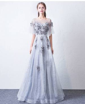 Gray Tulle Lace Round Neck Long Prom Evening Dress