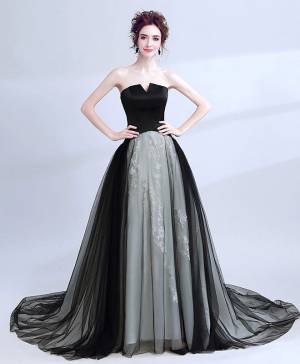 Black Tulle Ball Gown Long Prom Evening Dress