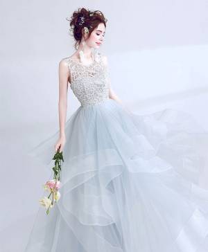Tulle Lace Long Prom Formal Dress