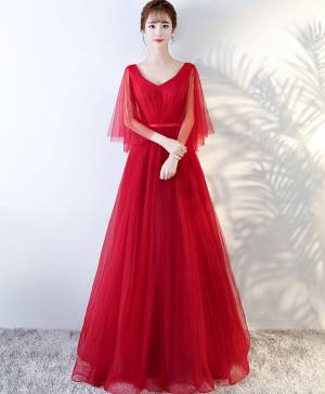 Tulle V-neck Simple Long Prom Evening Dress