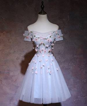 Gray/Blue Tulle Short/Mini Cute Prom Homecoming Dress