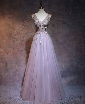 Tulle V-neck With Beads Simple Long Prom Evening Dress