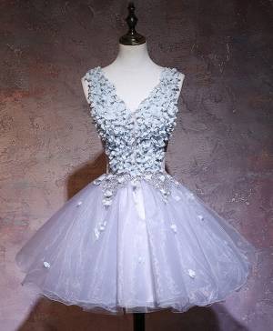 Gray V-neck With Applique Short/Mini Prom Homecoming Dress