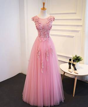 Pink Lace Tulle Round Neck Long Prom Evening Dress