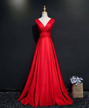 Red V-neck Simple Long Prom Evening Dress