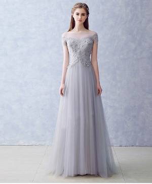 Gray Lace Tulle Round Neck Long Prom Evening Dress