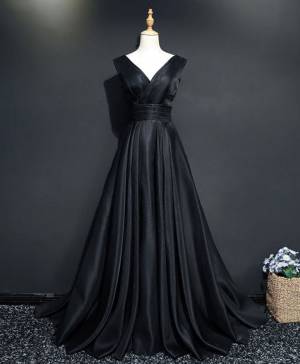 Black V-neck Simple Long Prom Evening Dress