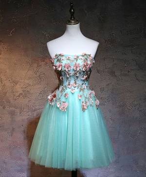 Green Tulle Lace With Applique Short/Mini Prom Dress
