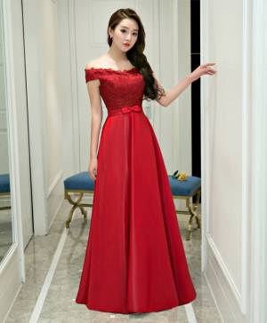 Burgundy Lace Satin Long Prom Formal Dress