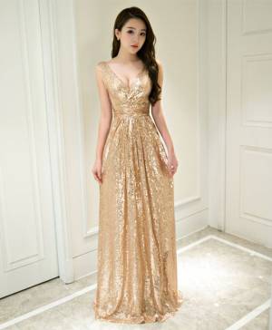 V-neck With Sequins Long Mermaid Prom Bridesmaid Dress