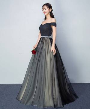 Black Tulle V-neck Ball Gown Long Prom Evening Dress