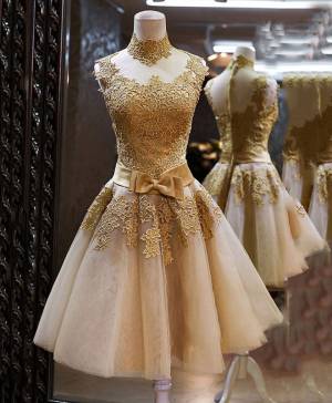 Gold Lace High Neck Short/Mini Prom Homecoming Dress