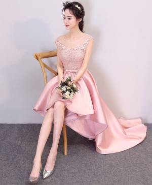 Pink Lace High Low Prom Evening Dress