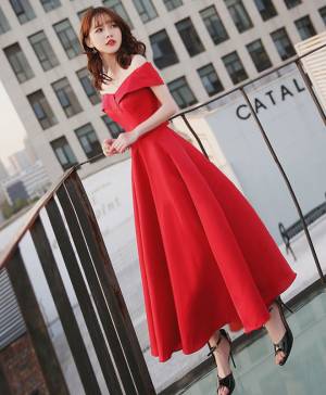 Red Off-the-shoulder Tea-length Simple Prom Evening Dress