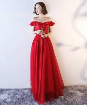 Red Tulle Off-the-shoulder A-line Long Prom Evening Dress