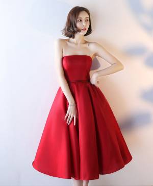 Red Strapless Tea-length Simple Prom Evening Dress