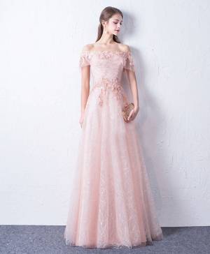 Pink Lace Off-the-shoulder Long Prom Evening Dress