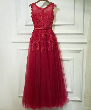 Burgundy Lace Tulle A-line Long Prom Evening Dress