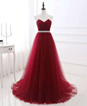 Simple Sweetheart Burgundy Tulle Long Evening Dress