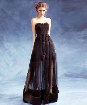 Black Lace Sweetheart Long Prom Evening Dress