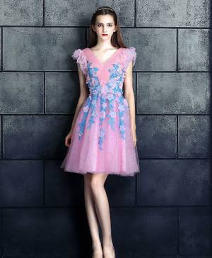 Pink Tulle V-neck With Applique Short/Mini Prom Homecoming Dress