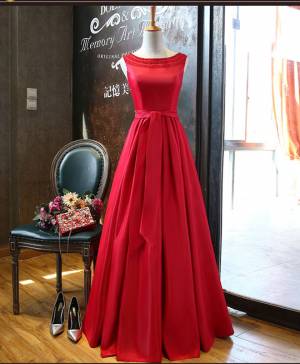 Red Satin A-line With Beading Long Prom Evening Dress