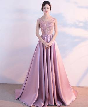 Pink Lace Satin Beautiful Long Prom Evening Dress