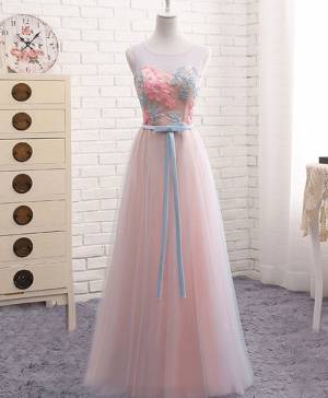 Pink Lace Tulle Round Neck A-line Long Prom Evening Dress