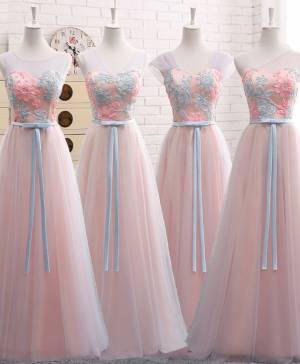 Pink Lace Tulle A-line Long Prom Bridesmaid Dress