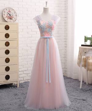 Pink Lace Tulle Sweetheart A-line Long Prom Evening Dress