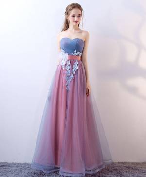 Gray/Blue Tulle Long Prom Evening Dress
