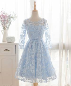 Blue Lace Round Neck Short/Mini Prom Bridesmaid Homecoming Dress