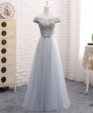 Lace Tulle Off-the-shoulder A-line Long Prom Evening Dress