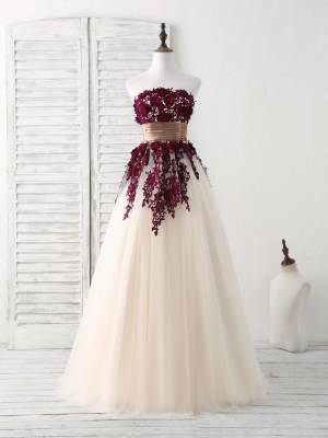 Burgundy Lace Tulle With Applique Long Prom Bridesmaid Dress