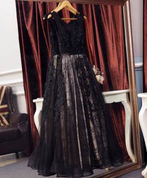 Black Lace Tulle A-line Long Prom Evening Dress