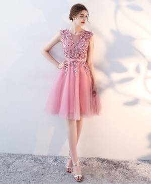 Pink Lace A-line With Applique Short/Mini Prom Evening Dress