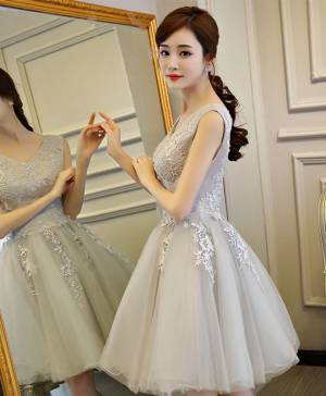 Gray Lace Tulle V-neck Short/Mini Prom Homecoming Dress