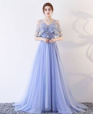 Lace Tulle A-line Cute Long Prom Evening Dress