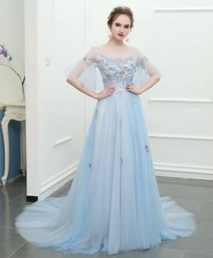 Blue Tulle Lace Long Prom Evening Dress