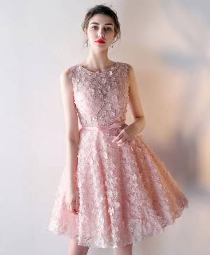 Pink With 3d Lace Short/Mini Prom Bridesmaid Dress