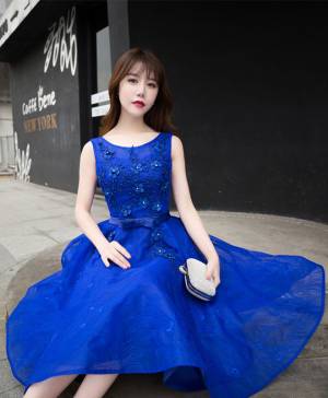 Blue Lace A-line Short/Mini Royal Prom Evening Dress
