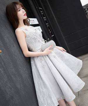 Gray Lace A-line Short/Mini Prom Evening Dress