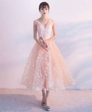 Pink Tulle V-neck A-line Tea-length Prom Evening Dress