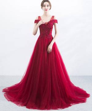 Burgundy Tulle Lace V-neck With Applique Long Prom Evening Dress